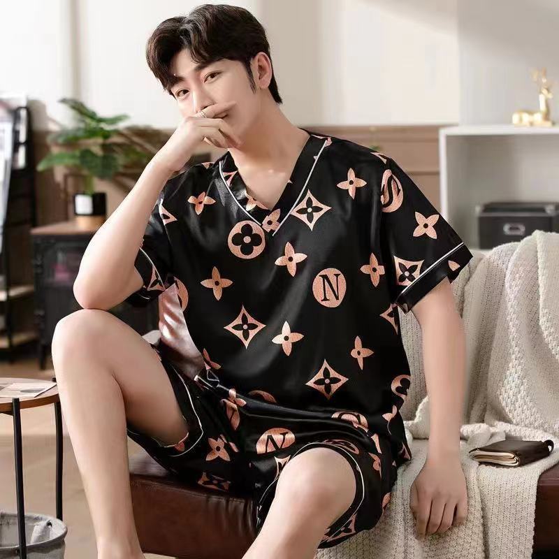 Men's Pajamas L-7XL Plus-sized Summer V-neck Ice Silk Loose Home Wear