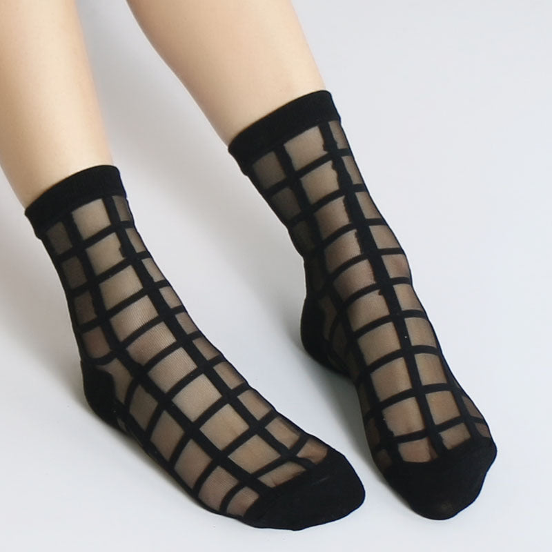 Fashion Thin Jacquard Short Stockings Cool Breathable Plaid Glass Stockings