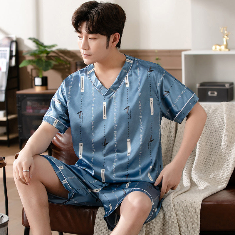 Men's Pajamas L-7XL Plus-sized Summer V-neck Ice Silk Loose Home Wear