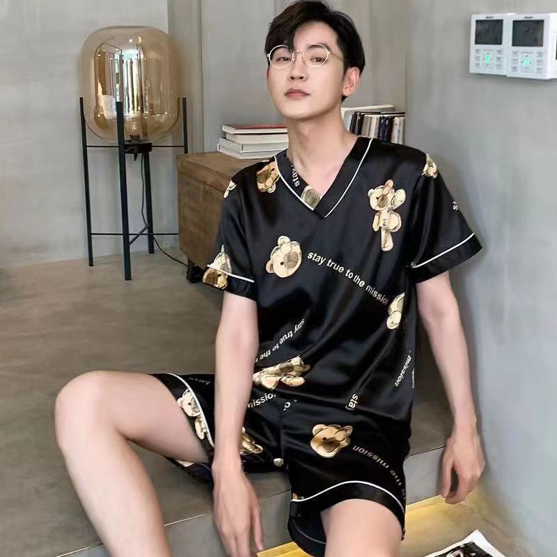 Men's Pajamas L-7XL Plus-sized Summer V-neck Ice Silk Loose Home Wear