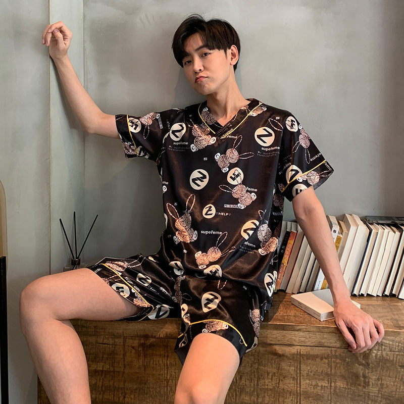 Men's Pajamas L-7XL Plus-sized Summer V-neck Ice Silk Loose Home Wear