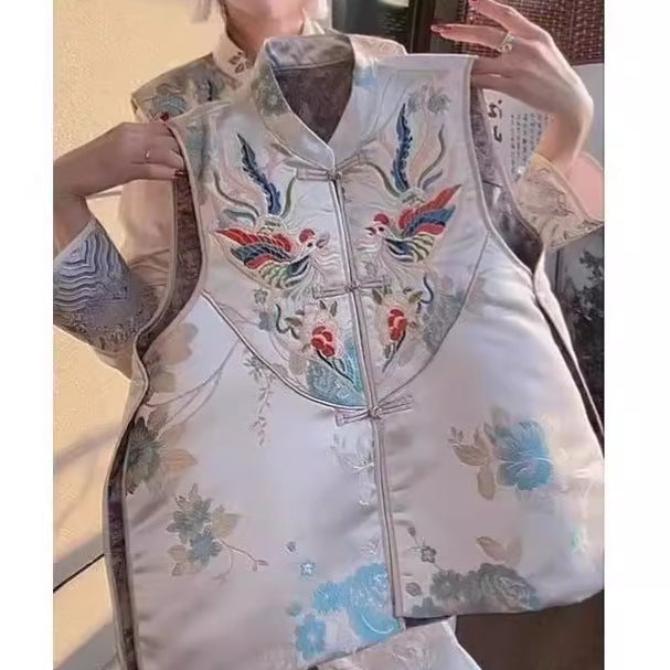 Split Stand Collar Machine Embroidery New Chinese Jacquard National Style Retro Buckle Vest For Women