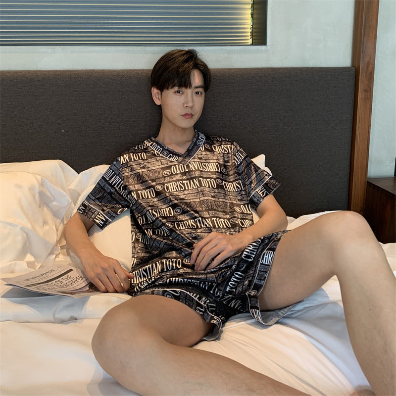 Men's Pajamas L-7XL Plus-sized Summer V-neck Ice Silk Loose Home Wear