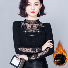 Autumn Autumn And Winter New Fashion Half Turtleneck Lace Rhinestone Bottoming Shirt Slim Fit