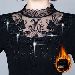 Autumn Autumn And Winter New Fashion Half Turtleneck Lace Rhinestone Bottoming Shirt Slim Fit