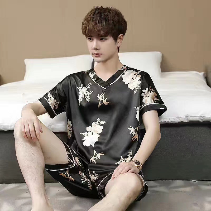 Men's Pajamas L-7XL Plus-sized Summer V-neck Ice Silk Loose Home Wear