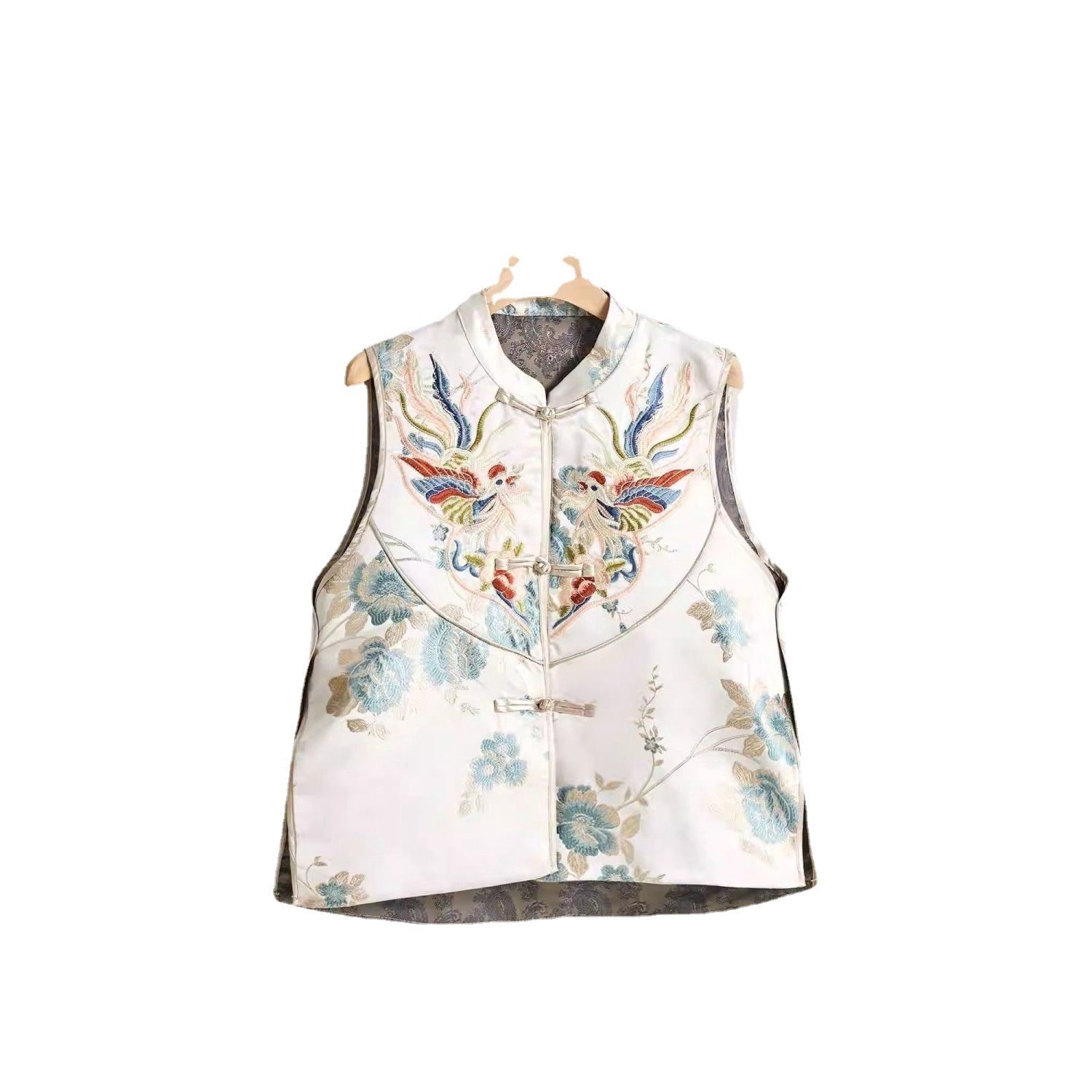 Split Stand Collar Machine Embroidery New Chinese Jacquard National Style Retro Buckle Vest For Women