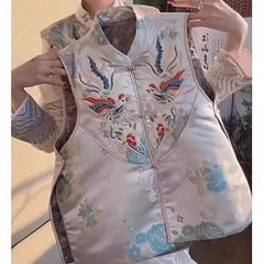 Split Stand Collar Machine Embroidery New Chinese Jacquard National Style Retro Buckle Vest For Women