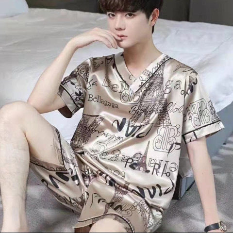 Men's Pajamas L-7XL Plus-sized Summer V-neck Ice Silk Loose Home Wear