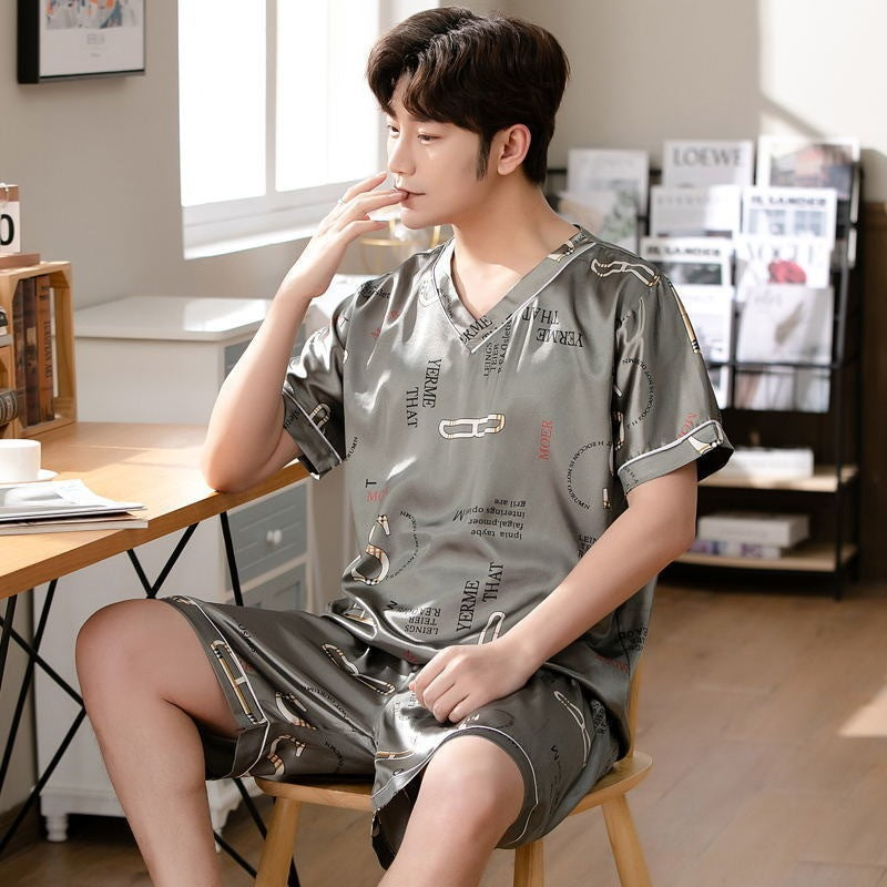 Men's Pajamas L-7XL Plus-sized Summer V-neck Ice Silk Loose Home Wear